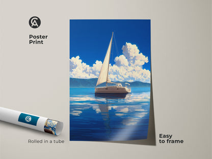 Poster print of a coastal sailboat artwork. A nautical landscape artwork showing a sailing boat on a blue ocean. This ocean seascape print is easy to frame. Perfect for adding a touch of maritime charm to your decor. A thoughtful gift for sailors and boat enthusiasts.