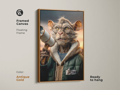 Framed canvas art of a surreal cat with glasses holding a telescope. The floating frame is antique gold and the artwork is ready to hang. This brown green and orange animal art is perfect for cat lovers seeking unique eclectic office decor. It adds a whimsical touch.