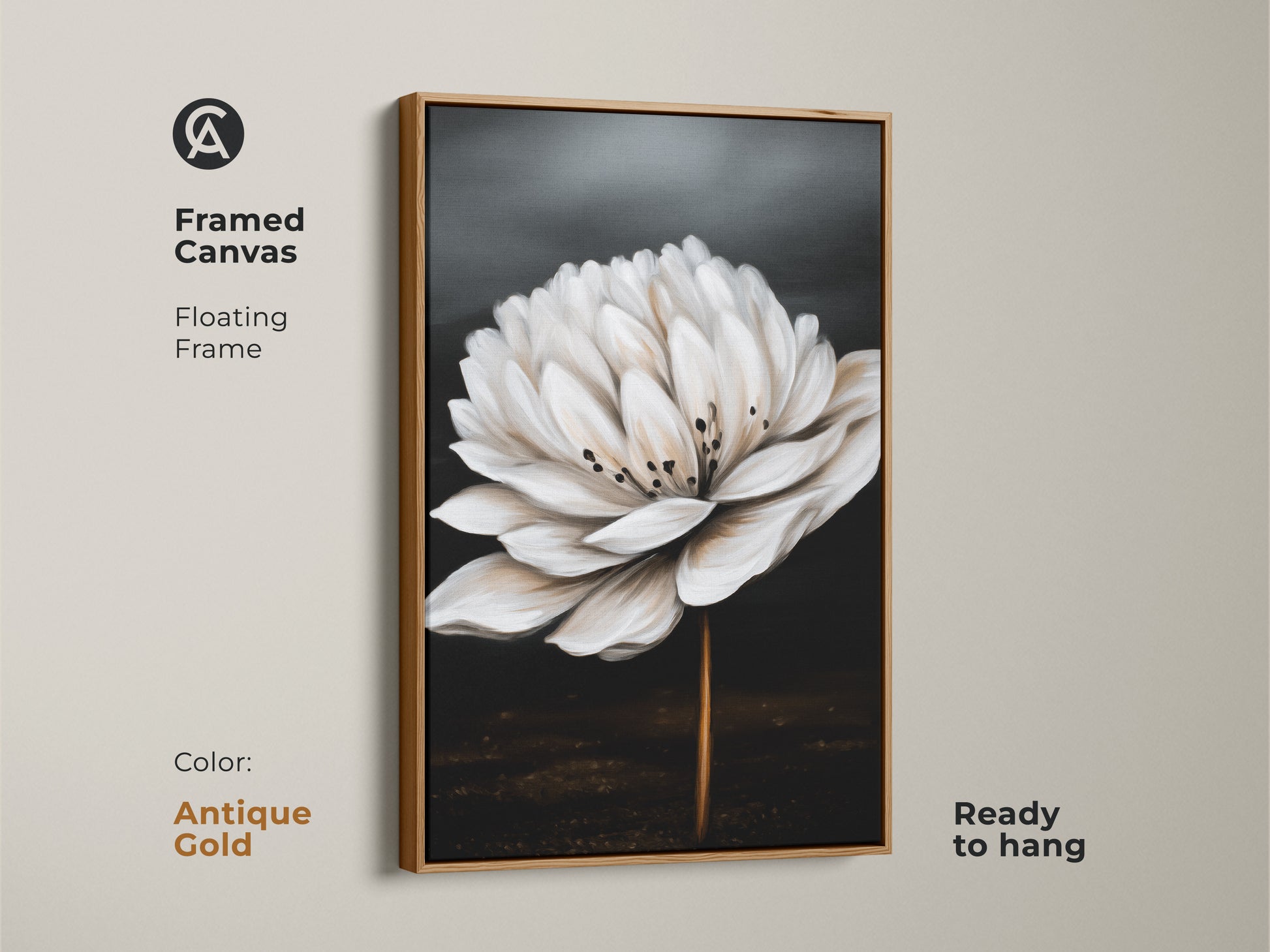 Framed botanical art in an antique gold finish. Realistic white flower canvas art with a minimalist style. Ready to hang and perfect for contemporary home or office decor.