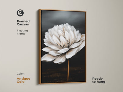 Framed botanical art in an antique gold finish. Realistic white flower canvas art with a minimalist style. Ready to hang and perfect for contemporary home or office decor.