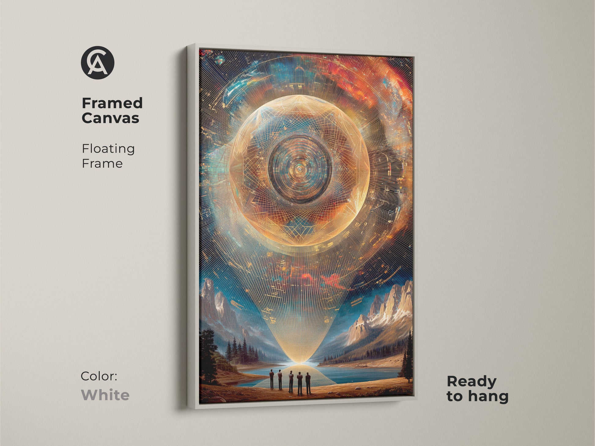 Experience framed canvas artwork featuring an abstract sci-fi sphere. The white floating frame showcases a futuristic mountain canvas print. The gold teal landscape art adds a modern touch. Ready to hang this surreal art is perfect decor for offices or homes. Ideal for space art enthusiasts.