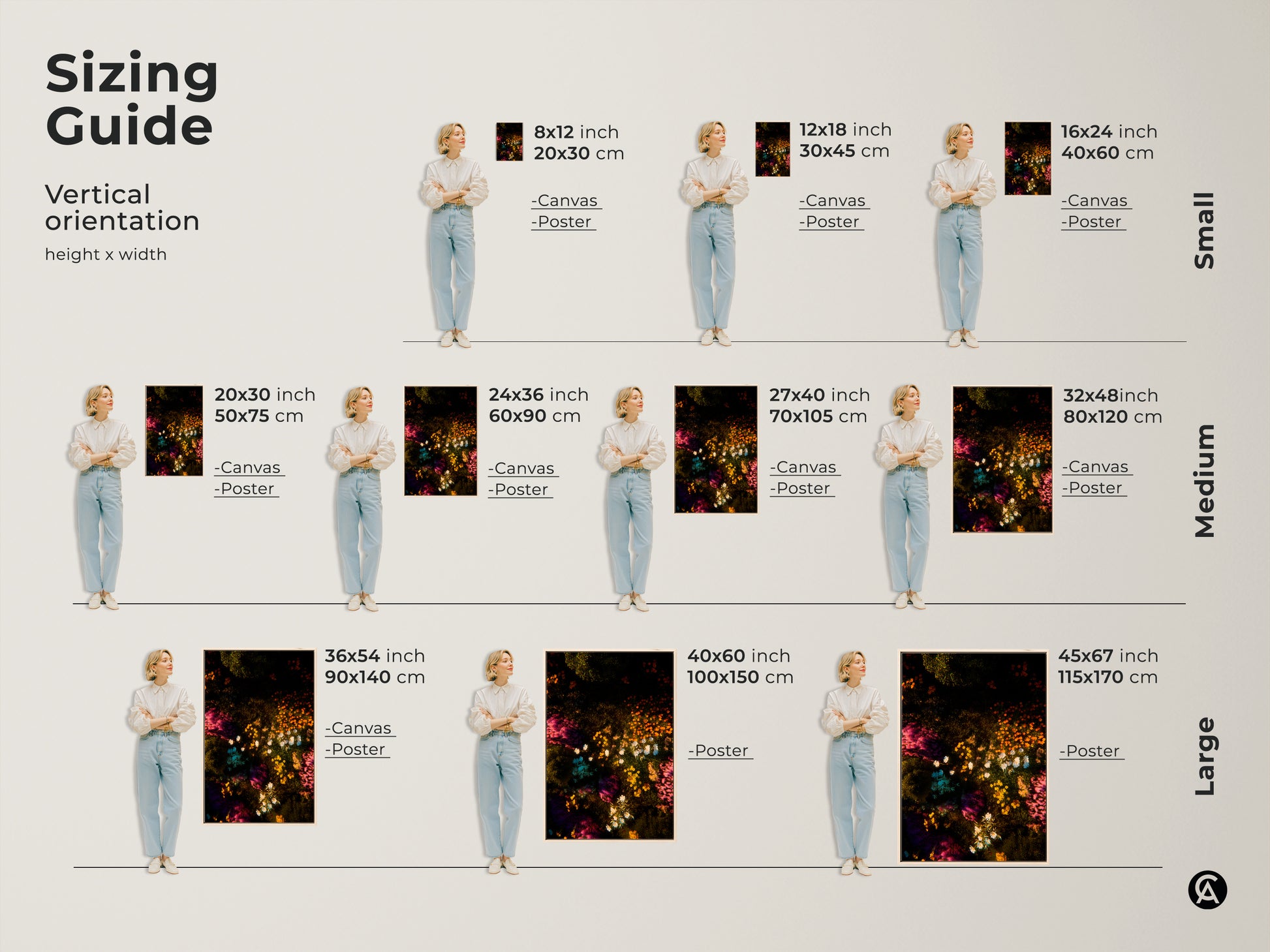 Sizing guide for vertical floral artwork. Available in various sizes from small to large. Options include canvas and poster prints. Each size features a dark backdrop with colorful flowers. Find the perfect fit for your space now.