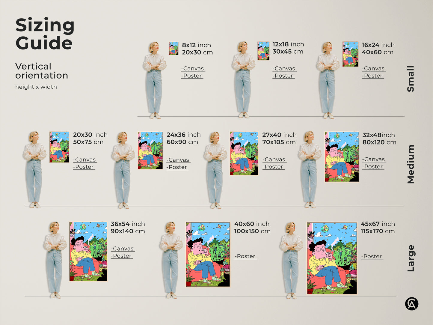 Sizing guide for vertical art prints and canvases. Available in small medium and large sizes. Find the perfect fit for your space with canvas and poster options. Visualize the artwork's dimensions in inches and centimeters. Enhance your home with the ideal art size.