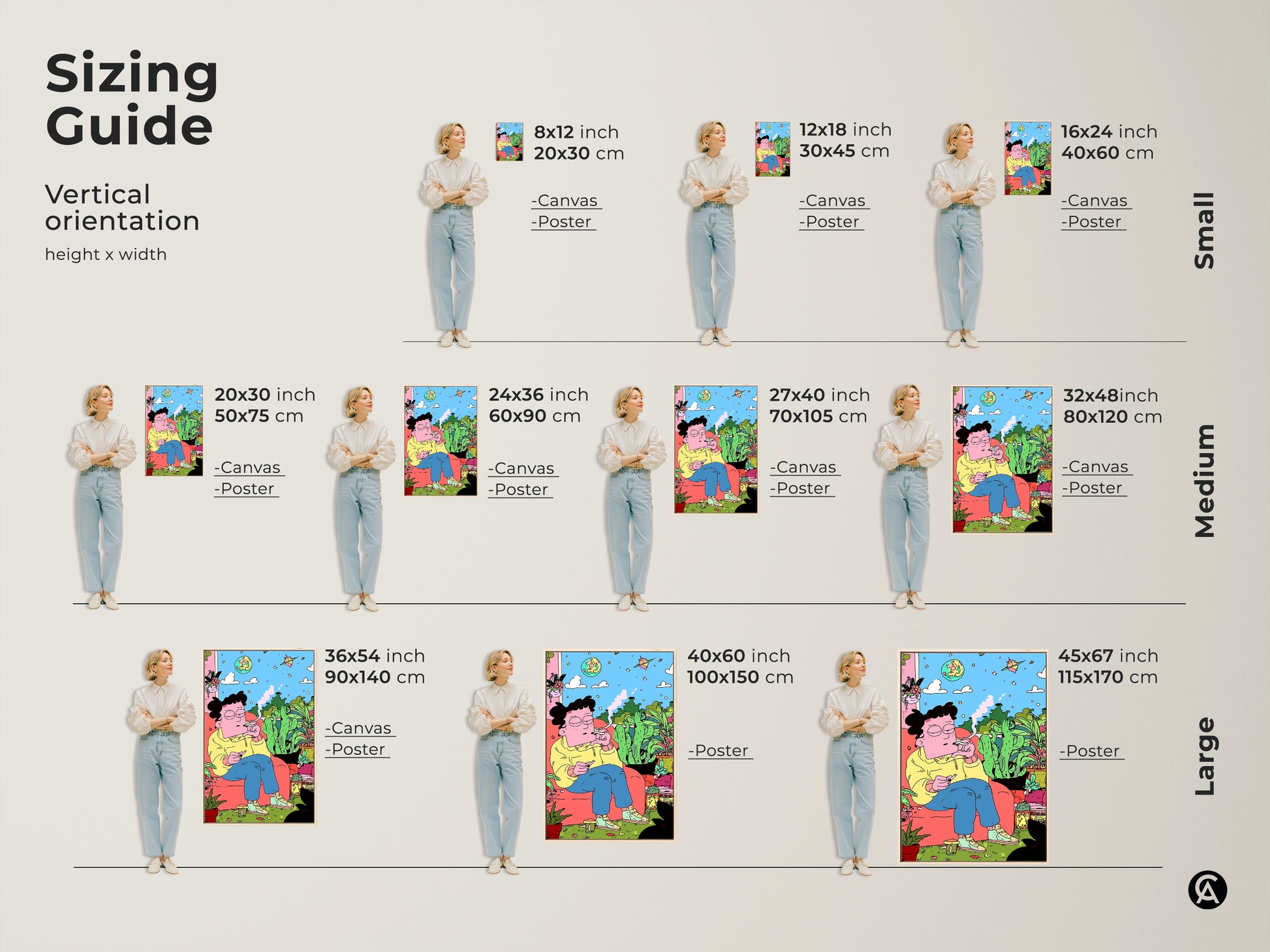 Sizing guide for vertical art prints and canvases. Available in small medium and large sizes. Find the perfect fit for your space with canvas and poster options. Visualize the artwork's dimensions in inches and centimeters. Enhance your home with the ideal art size.