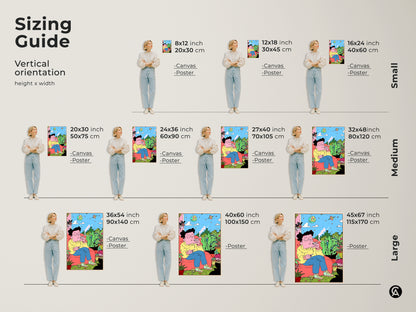 Sizing guide for vertical art prints and canvases. Available in small medium and large sizes. Find the perfect fit for your space with canvas and poster options. Visualize the artwork's dimensions in inches and centimeters. Enhance your home with the ideal art size.