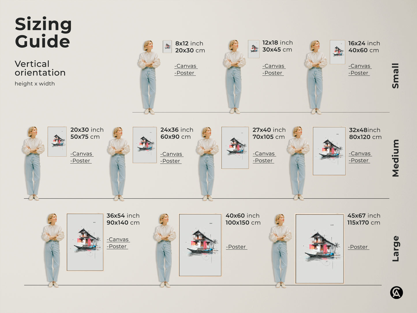 Sizing guide for architectural floating house art prints. Vertical orientation height by width is available. Options include canvas and poster in sizes from small to large for your wall art.