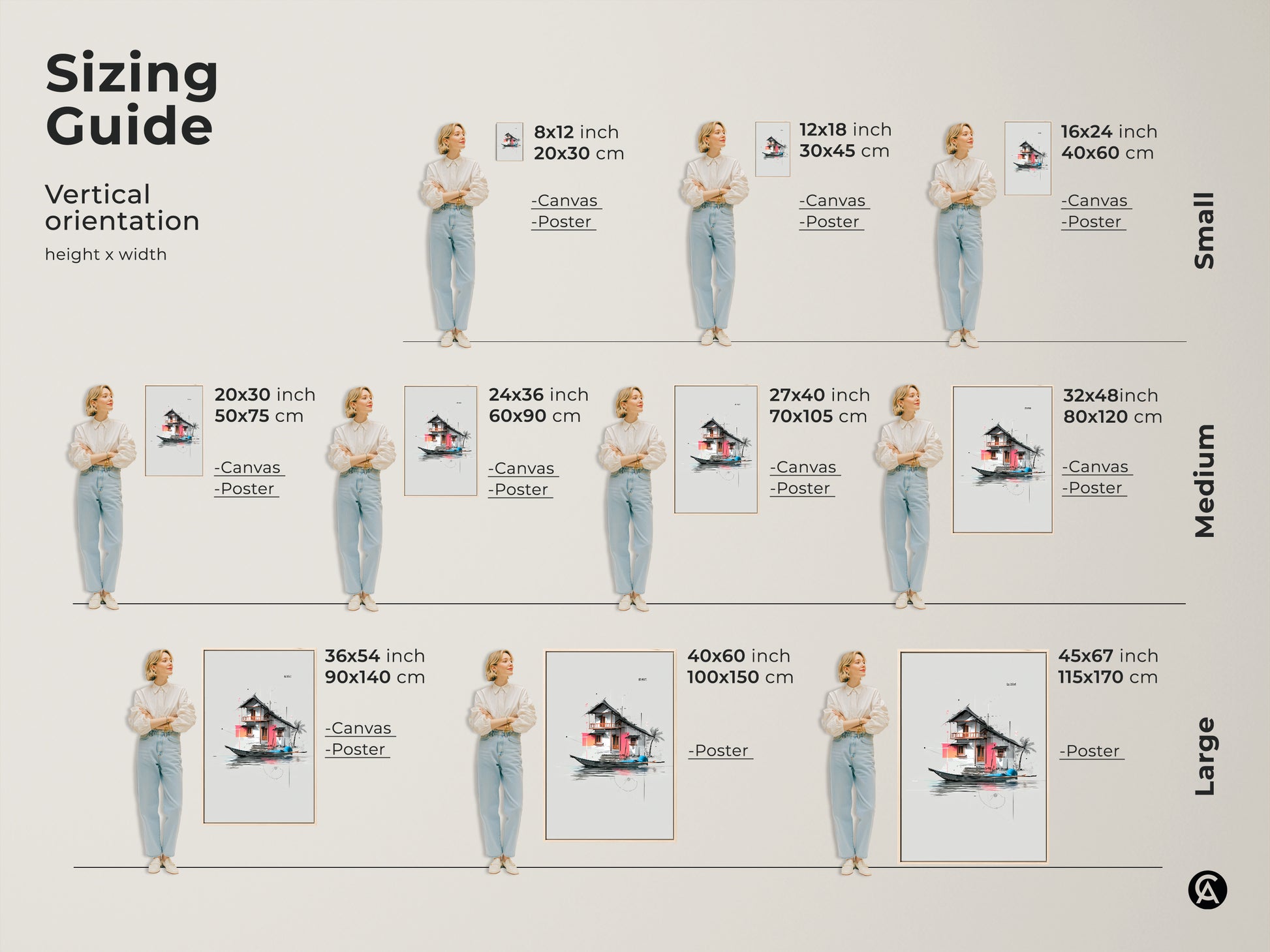 Sizing guide for architectural floating house art prints. Vertical orientation height by width is available. Options include canvas and poster in sizes from small to large for your wall art.