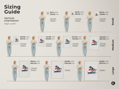 Sizing guide for architectural floating house art prints. Vertical orientation height by width is available. Options include canvas and poster in sizes from small to large for your wall art.