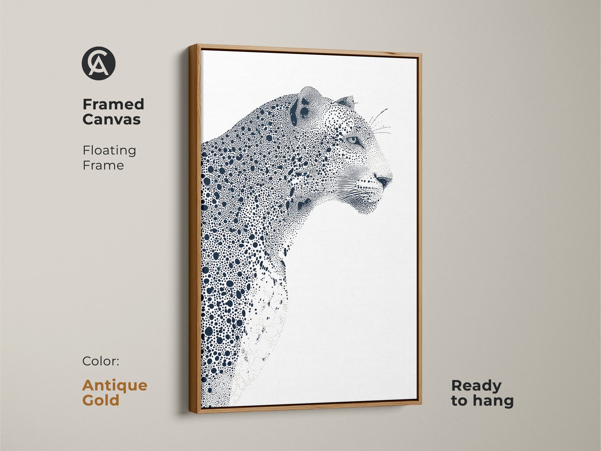 Framed canvas print of a leopard illustration. This floating frame canvas is ready to hang. The antique gold frame adds a touch of elegance. The black and white artwork complements a variety of decor styles. A sophisticated wildlife art piece.