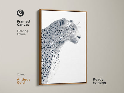 Framed canvas print of a leopard illustration. This floating frame canvas is ready to hang. The antique gold frame adds a touch of elegance. The black and white artwork complements a variety of decor styles. A sophisticated wildlife art piece.