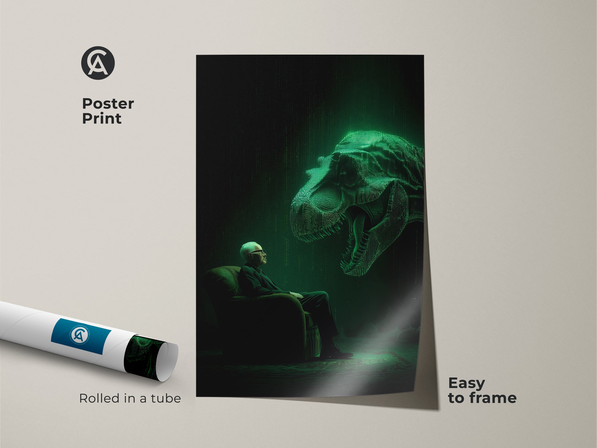 This poster print showcases a surreal scene. A man sits before a glowing T-Rex head rendered in binary code. The poster is easy to frame. Rolled in a tube for protection this museum-quality paper print is a great addition.