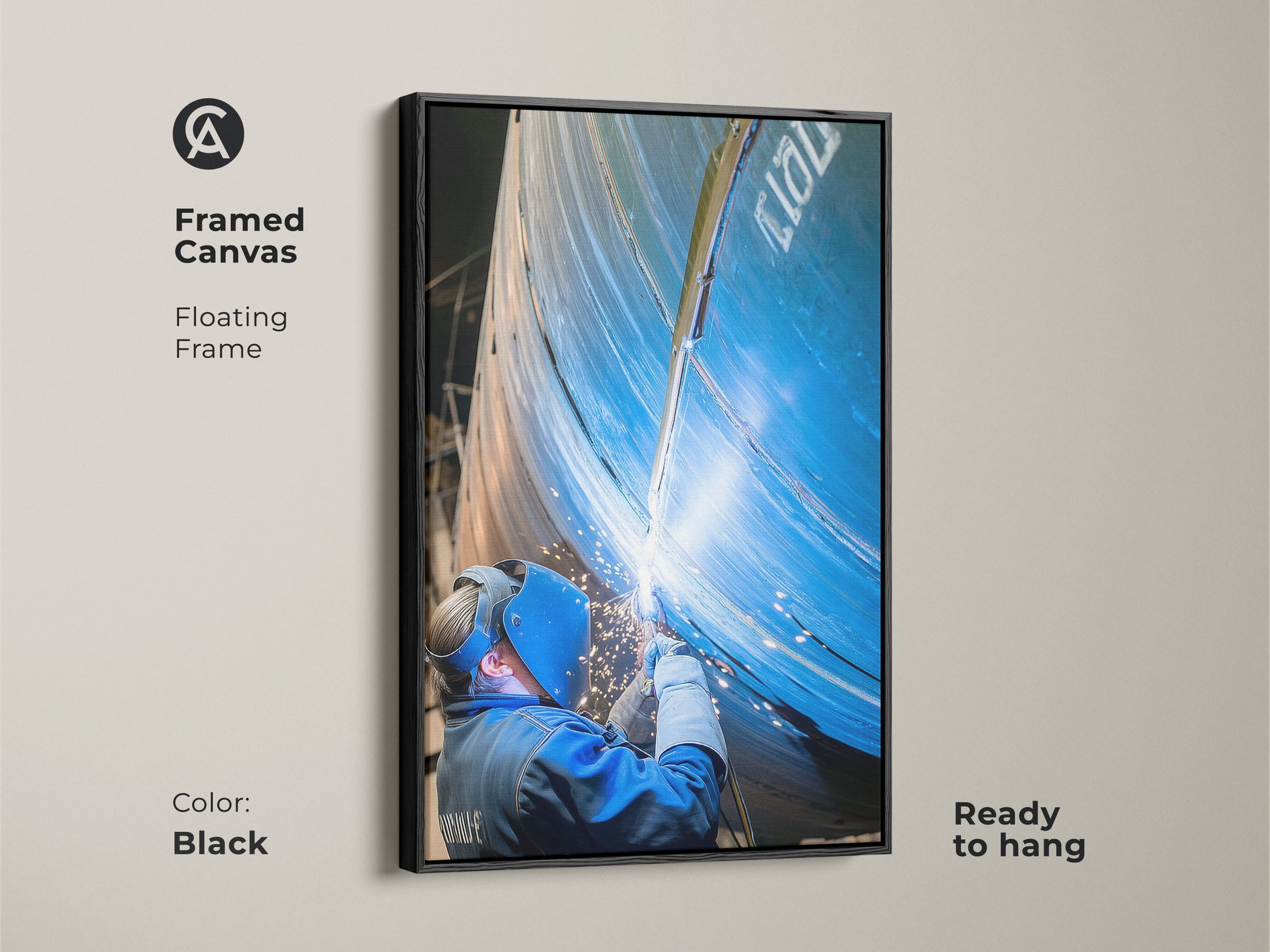 Welder canvas print in a black floating frame. This industrial canvas art is ready to hang. The art captures the intense action of industrial welding. It is a thoughtful gift for tradespeople.