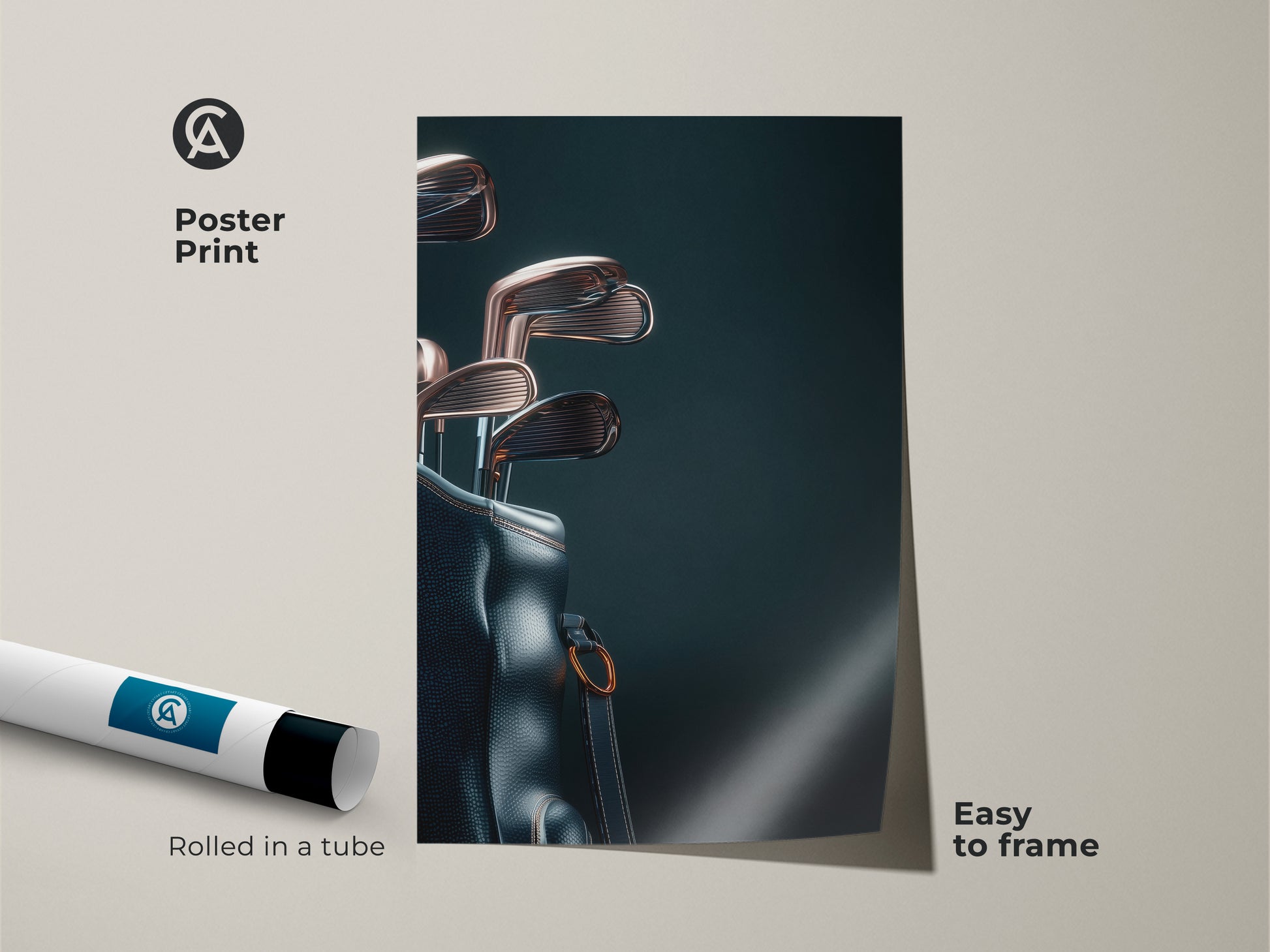 Get ready to frame this golf poster print. This museum quality paper showcases a golf bag with clubs. Rolled in a tube for protection this artwork is easy to frame. Add a touch of class to your space with this sophisticated piece.