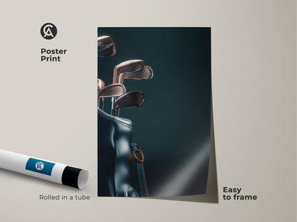 Get ready to frame this golf poster print. This museum quality paper showcases a golf bag with clubs. Rolled in a tube for protection this artwork is easy to frame. Add a touch of class to your space with this sophisticated piece.