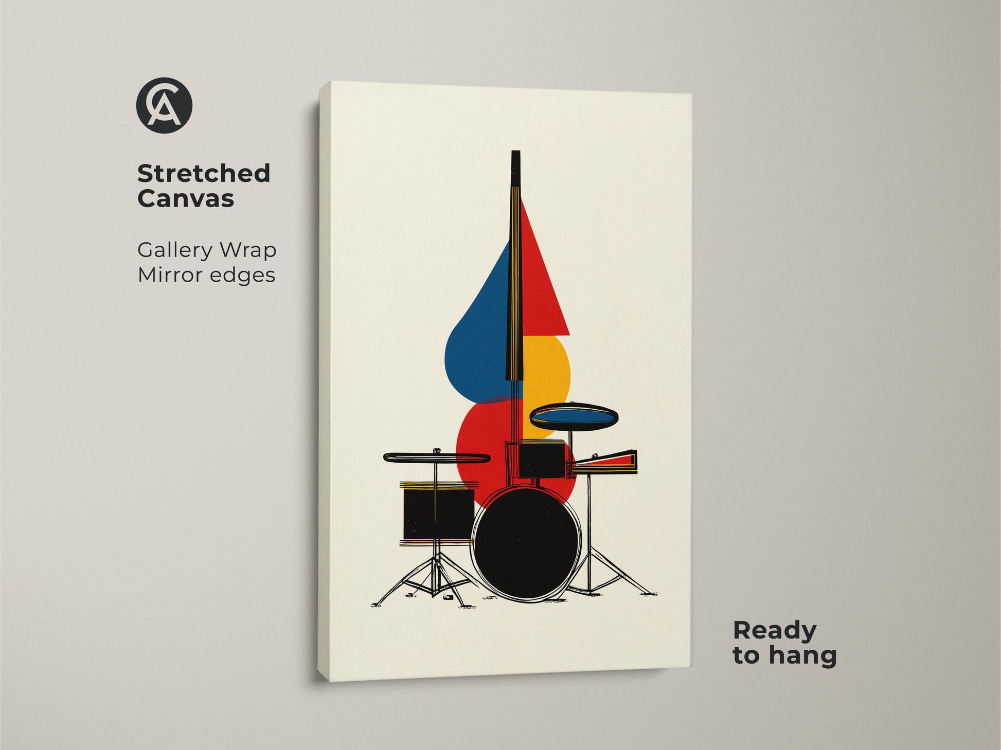 Stretched canvas art featuring an abstract drum set is ready to hang. Gallery wrapped with mirrored edges creates a contemporary look. The geometric mid century modern artwork adds flair to any space. The red blue and yellow tones make it a vibrant focal point.