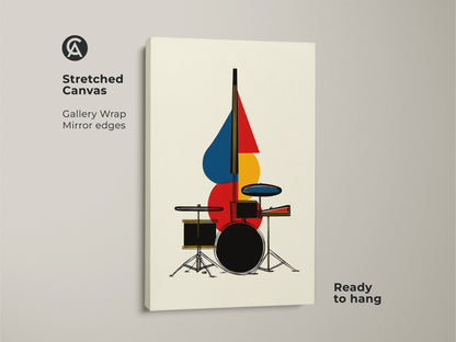 Stretched canvas art featuring an abstract drum set is ready to hang. Gallery wrapped with mirrored edges creates a contemporary look. The geometric mid century modern artwork adds flair to any space. The red blue and yellow tones make it a vibrant focal point.