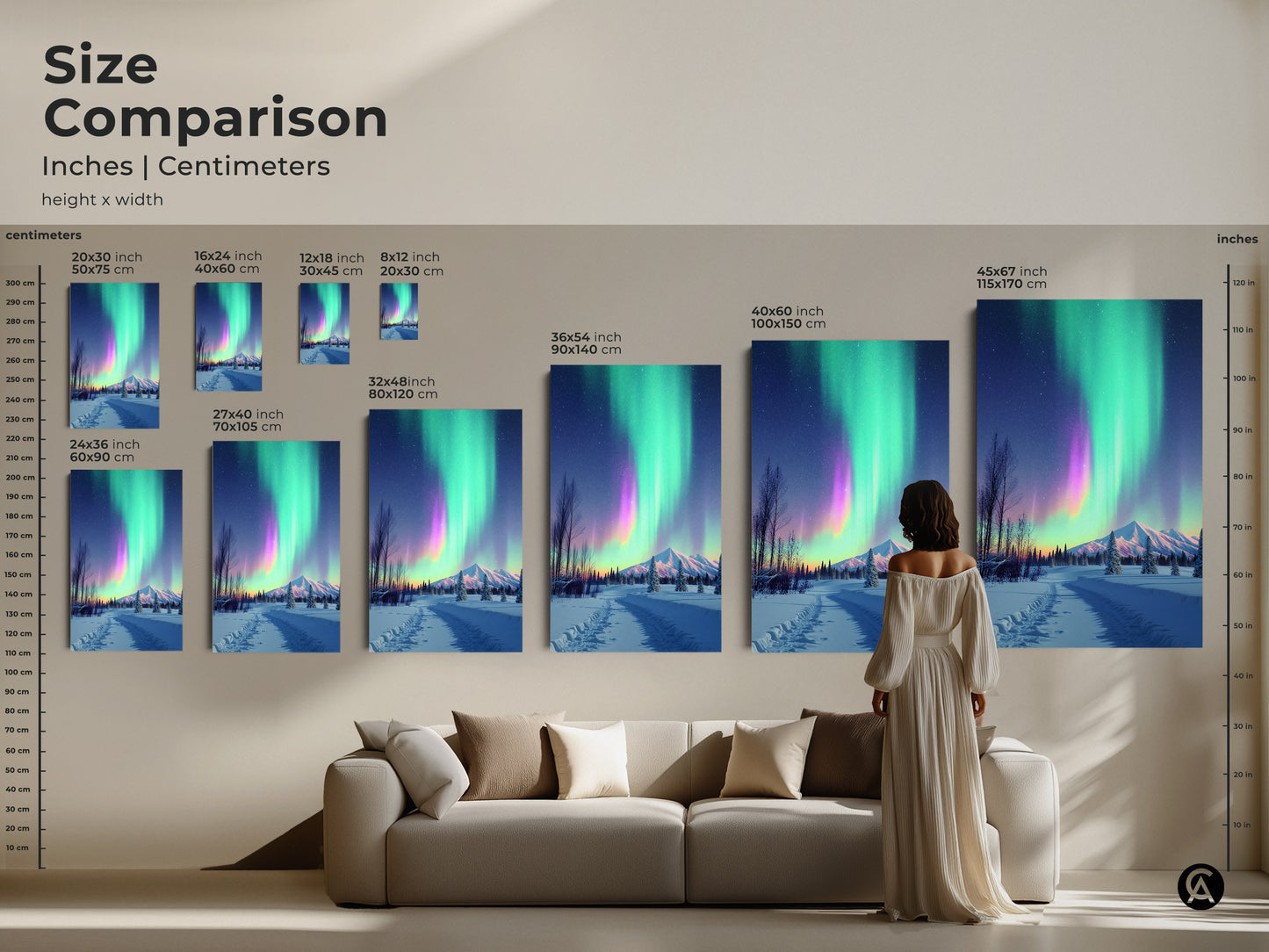 Size comparison featuring Aurora Borealis prints in a living room setting. Various sizes are displayed above a sofa to help visualize scale. Inches and centimeters are shown for accurate comparison. Enhance your space with this captivating winter landscape artwork.