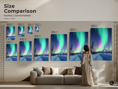 Size comparison featuring Aurora Borealis prints in a living room setting. Various sizes are displayed above a sofa to help visualize scale. Inches and centimeters are shown for accurate comparison. Enhance your space with this captivating winter landscape artwork.