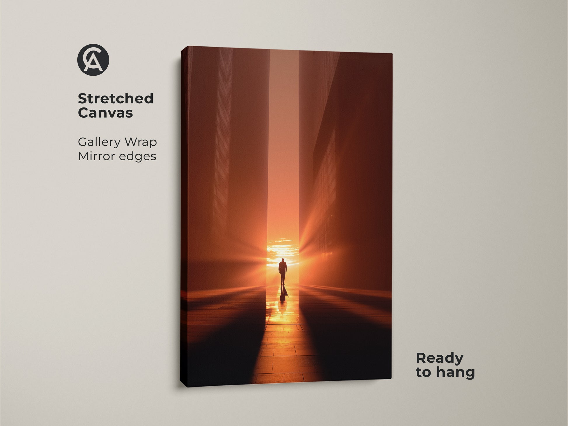 Stretched canvas gallery wrap showing minimalist lone man artwork. See the inspirational office decor bathed in amber orange light. This abstract cityscape print is ready to hang. It's a modern urban sunset that enhances any contemporary entry hall art setting.