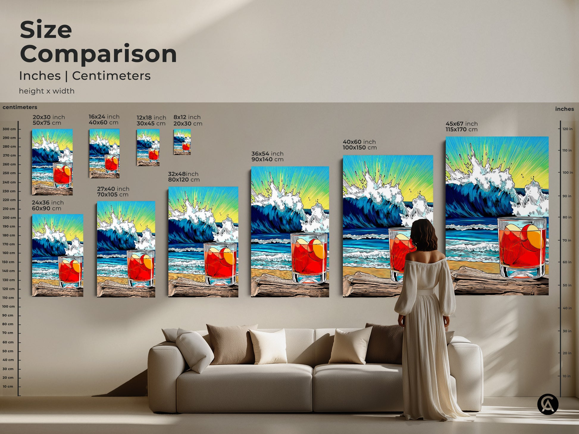 Size Comparison of Beach Wave Drink Art. Inches and centimeters are shown. Find the perfect fit for your space. This retro pop artwork drink enhances any coastal home decor.