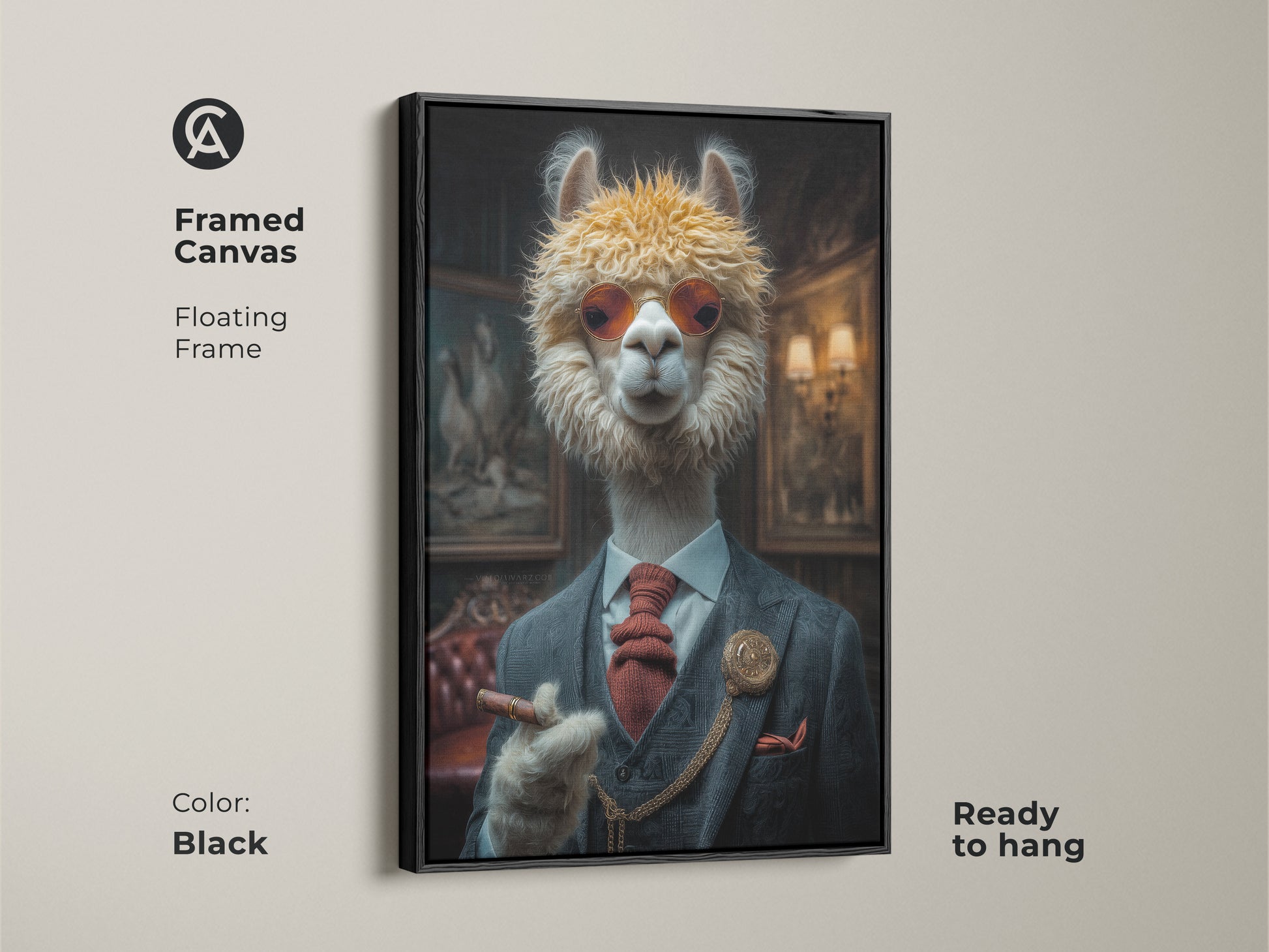 Framed canvas art shows a suited alpaca with a cigar. The black floating frame accentuates the beige orange tones. Ready to hang this animal art elevates your office decor.
