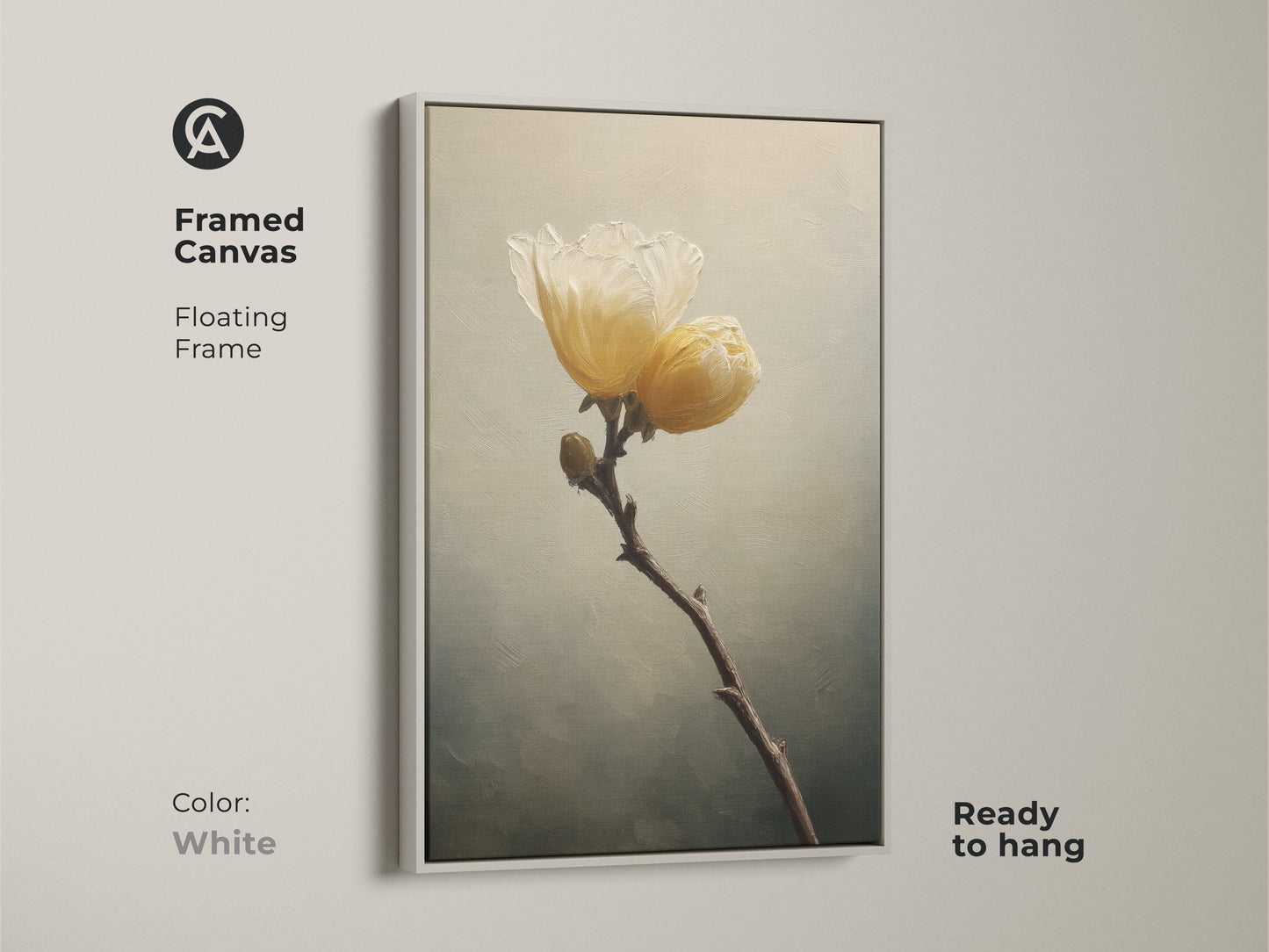 Framed canvas with floating white frame features delicate flower art print. This botanical art is ready to hang and offers a fresh look. The cream botanical wall art is perfect for the living room.