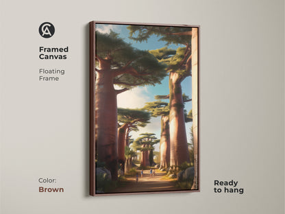 Framed canvas featuring African Baobab Trees. Floating frame in brown adds a touch of warmth. This earthy tones nature artwork is ready to hang. The painterly landscape print brings a boho aesthetic. A unique housewarming gift for travelers.