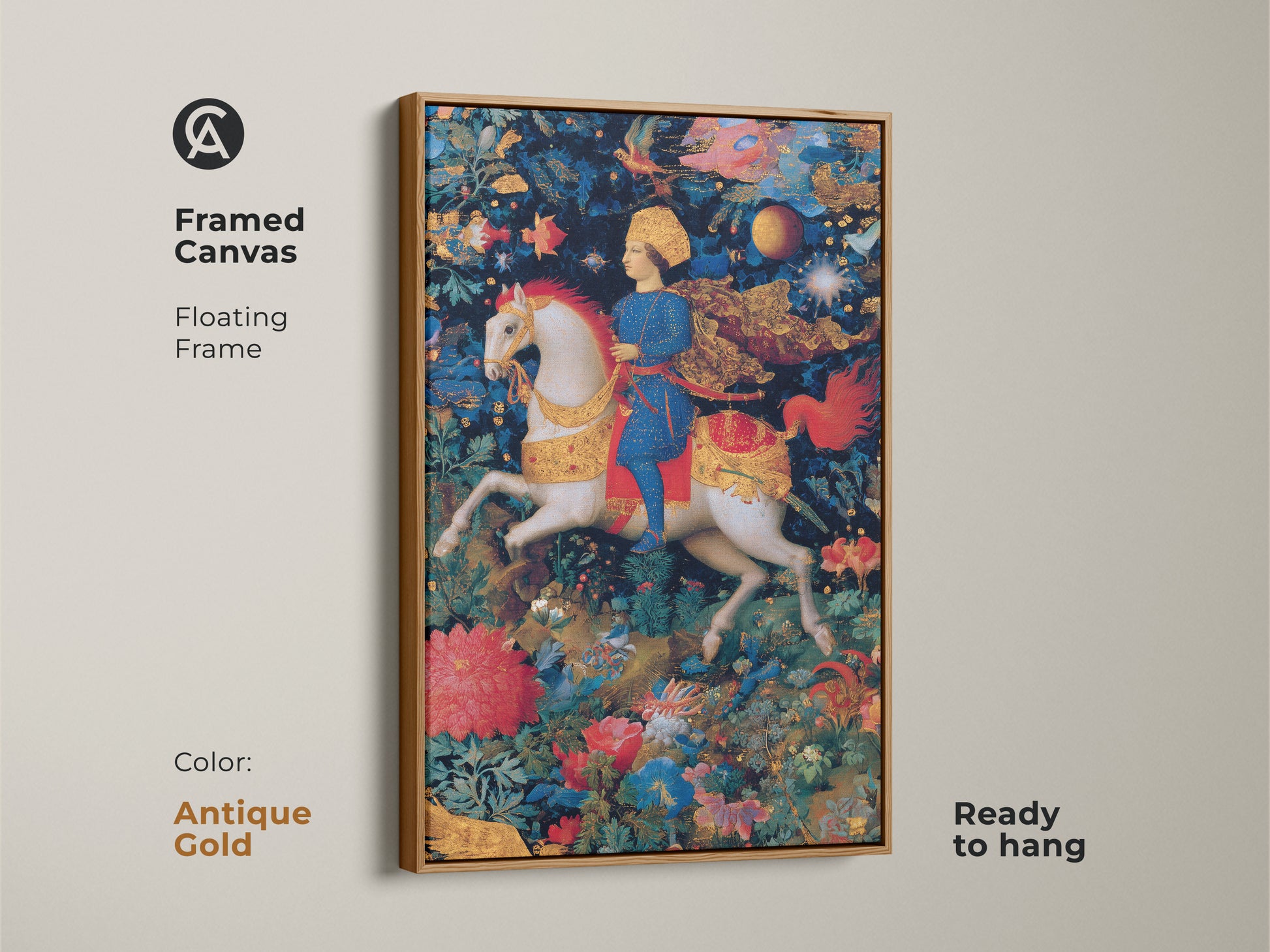 Framed canvas art featuring a renaissance knight on horseback. The antique gold floating frame enhances this fantasy artwork. Mythology art in deep blue red and gold tones. Ready to hang and perfect for eclectic home decor. A regal knight artwork.