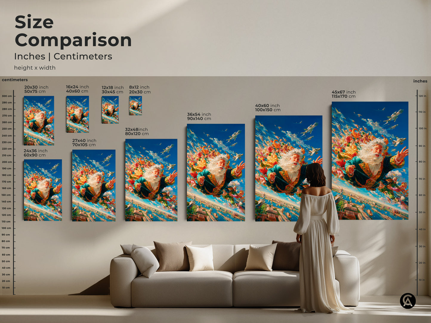 Size comparison of Santa Claus skydiving artwork in inches and centimeters. See how the artwork looks in various sizes from 8x12 to 45x67 inches. Perfect for visualizing the art in your living room or office.