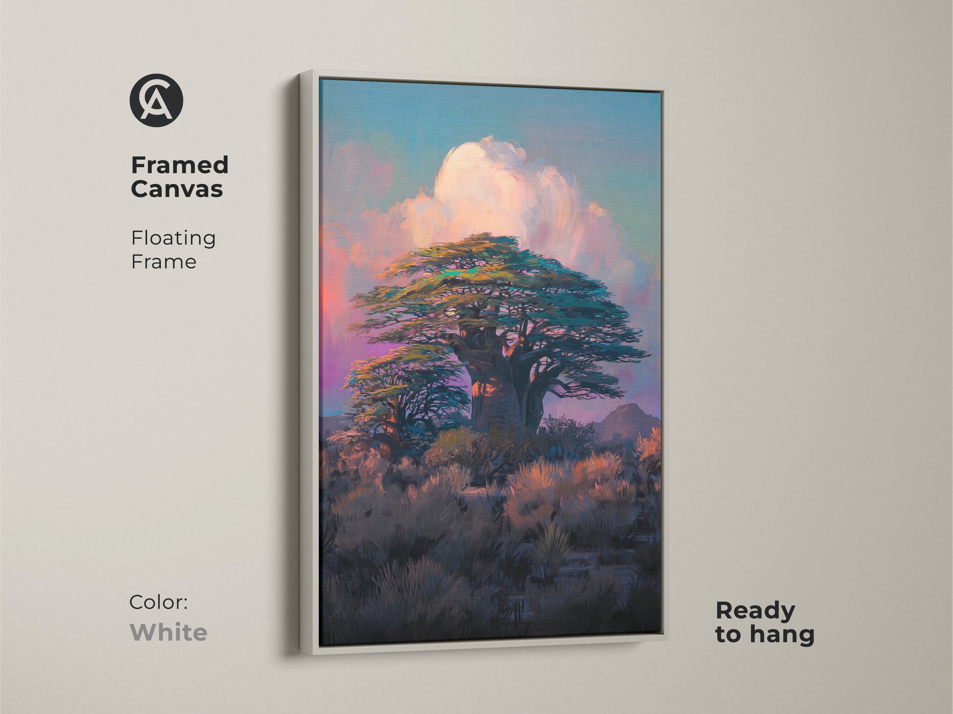 White framed canvas with a floating frame features a Baobab tree. This teal blue pink sky artwork brings an impressionism style. A unique wall art for your living room decor.
