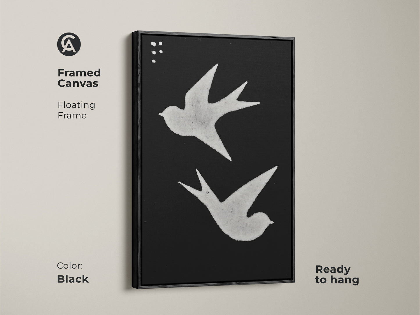 Framed canvas featuring minimalist bird artwork. The black and white art print has a floating frame. Ready to hang Scandinavian decor for any room. Abstract swallows add a touch of modern folk art. Perfect neutral color art.