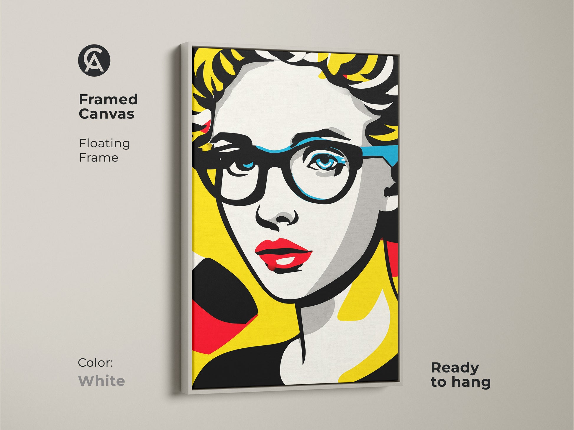 Framed canvas featuring a pop art woman with glasses. The floating frame is white. This framed canvas is ready to hang adding a touch of modern artwork to any space.