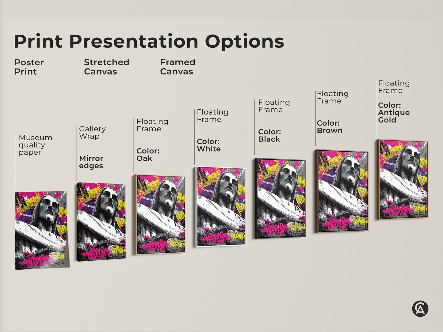 Explore print presentation options. See poster print stretched canvas and framed canvas choices. Options include gallery wrap museum-quality paper and floating frames. Each features the Christ the Redeemer graffiti art