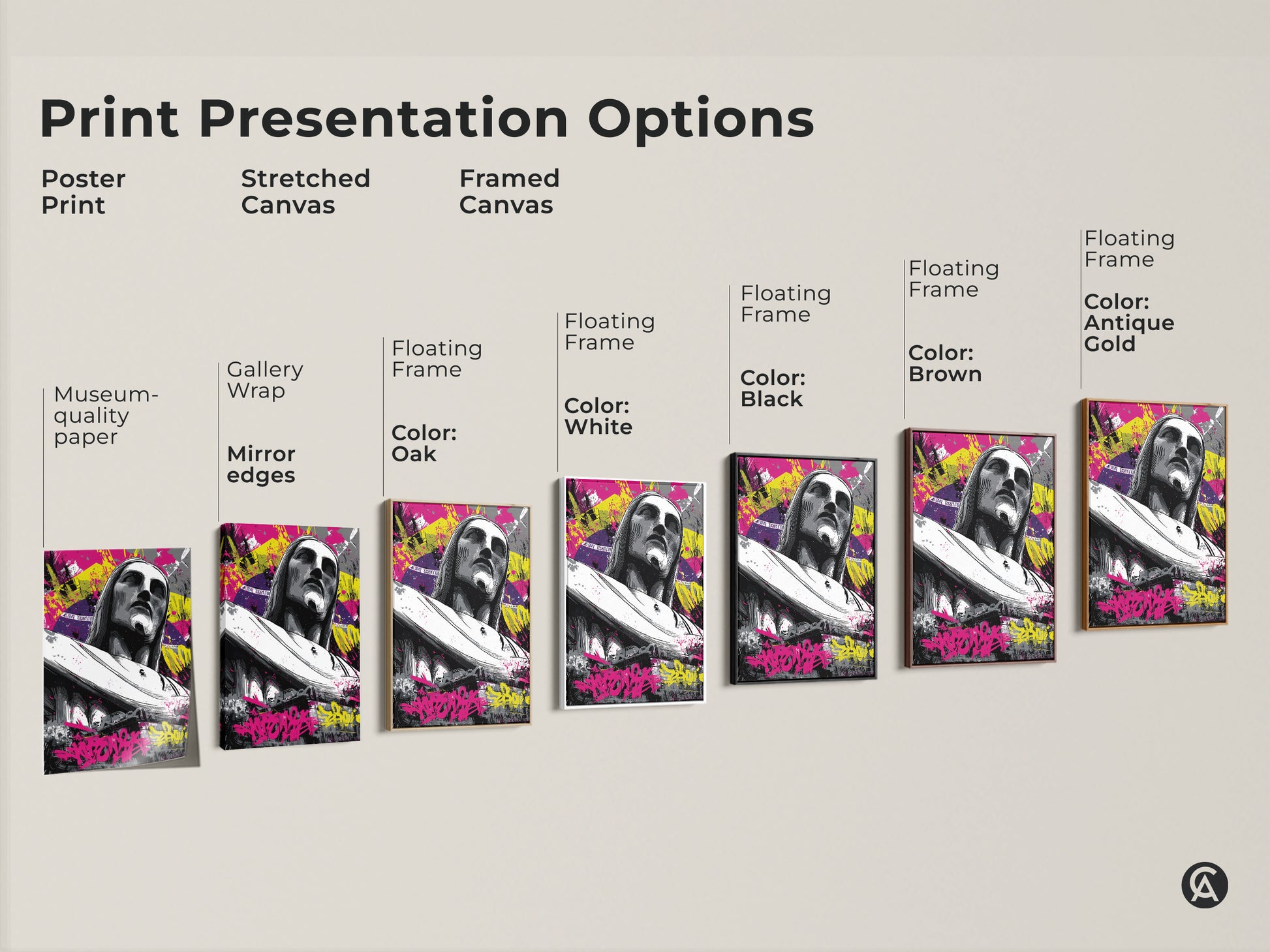 Explore print presentation options. See poster print stretched canvas and framed canvas choices. Options include gallery wrap museum-quality paper and floating frames. Each features the Christ the Redeemer graffiti art