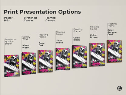 Explore print presentation options. See poster print stretched canvas and framed canvas choices. Options include gallery wrap museum-quality paper and floating frames. Each features the Christ the Redeemer graffiti art