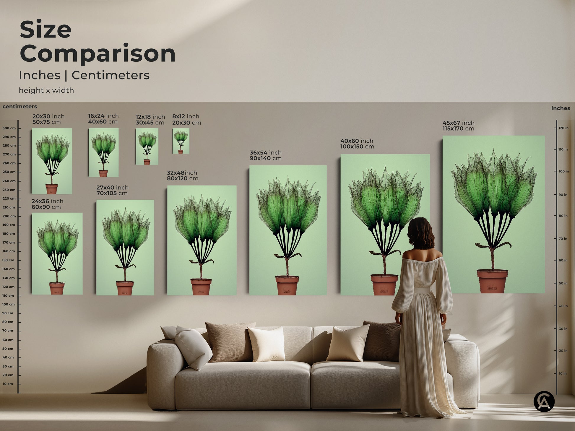 Size Comparison shows Botanical Art Print featuring delicate translucent green petals in various sizes. See how the canvas or poster art fits above a couch. Abstract nature print is the perfect contemporary potted plant art.