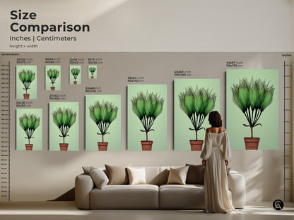 Size Comparison shows Botanical Art Print featuring delicate translucent green petals in various sizes. See how the canvas or poster art fits above a couch. Abstract nature print is the perfect contemporary potted plant art.