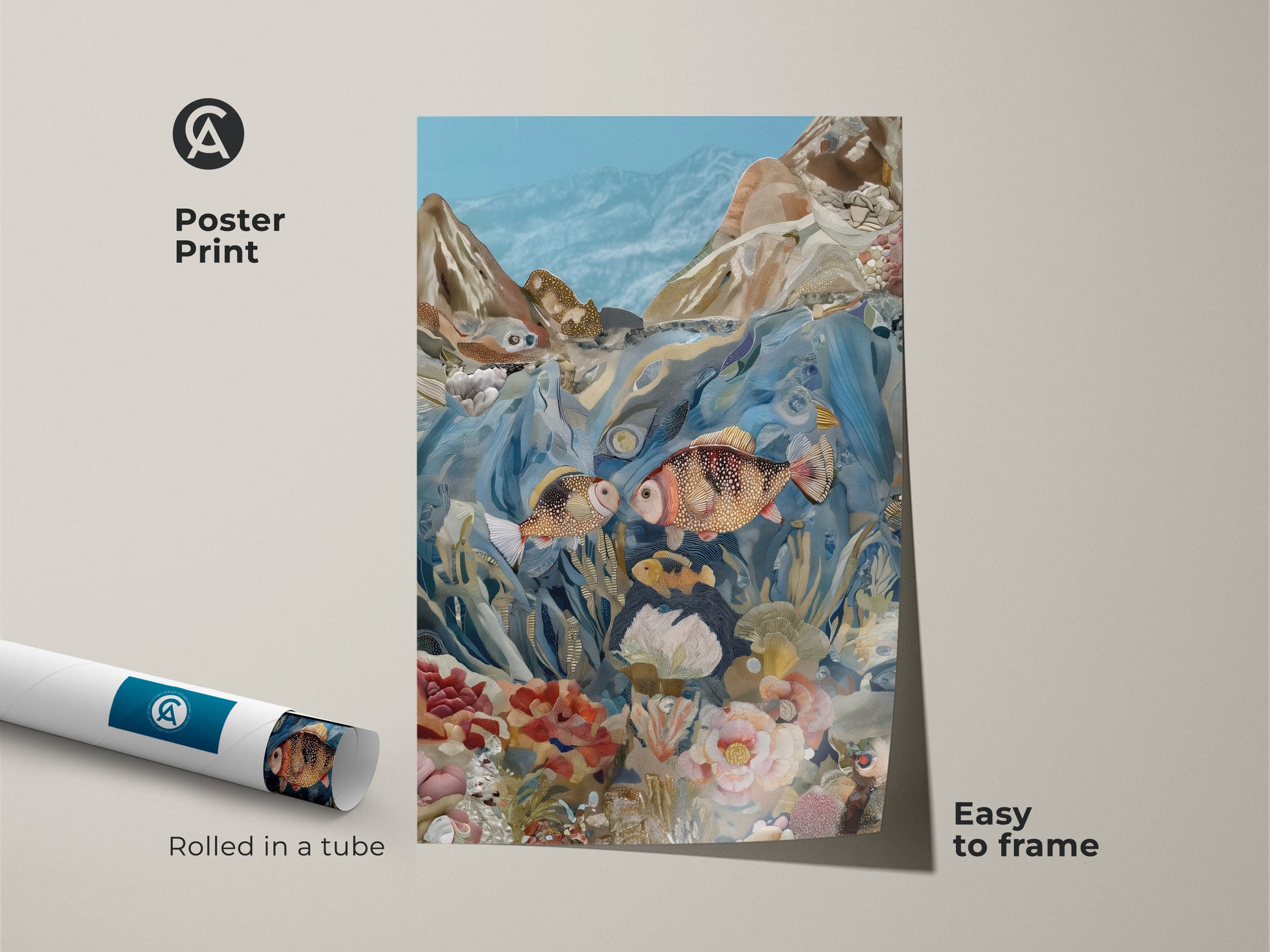 Eclectic underwater collage art print with a white floating frame. The blue orange and teal artwork showcases fish and coral reef. It's a stylish bedroom wall art gift.