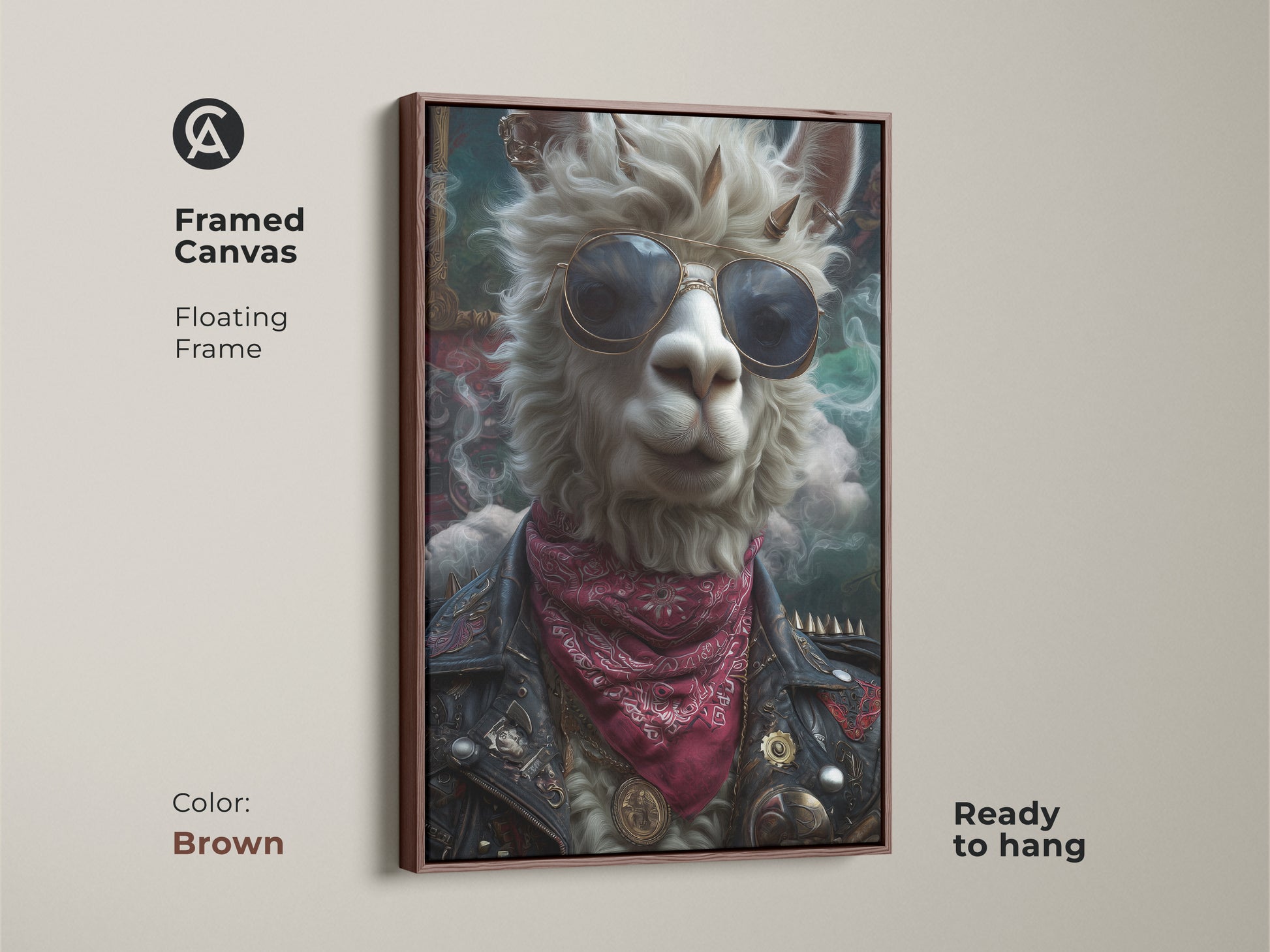 Framed canvas showcasing a punk rock llama. This surreal animal artwork features a llama with sunglasses and a leather jacket. Ready to hang in a brown floating frame. This unique piece brings a blend of animal charm and rebellious style perfect for eclectic decor.