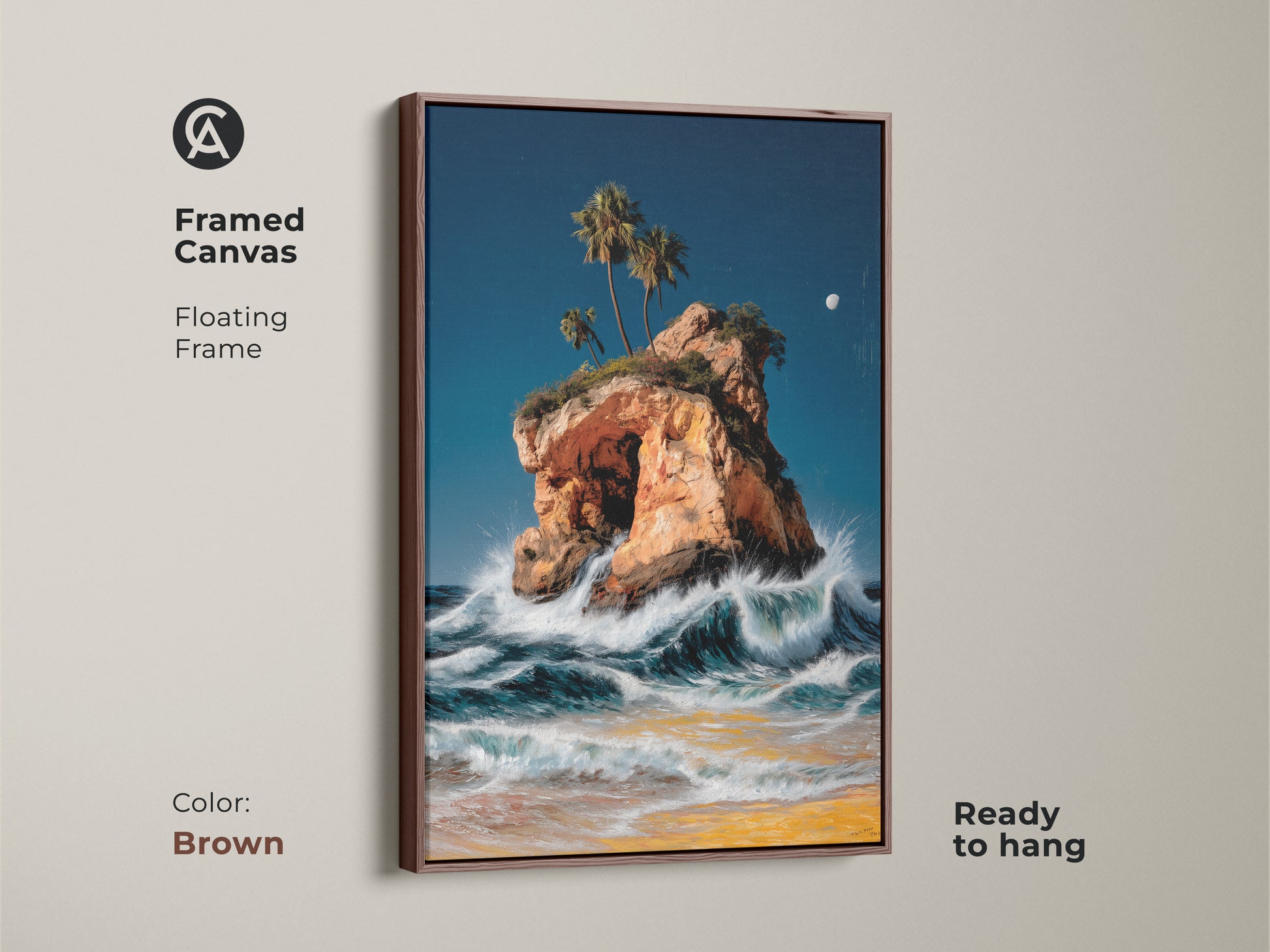 Framed canvas artwork of ocean waves and a tropical island. The brown floating frame complements the oil painting style. Palm trees adorn the island in this coastal artwork. Ready to hang this beach house art makes a great housewarming gift. The blue and orange tones create a calming and stylish seascape.