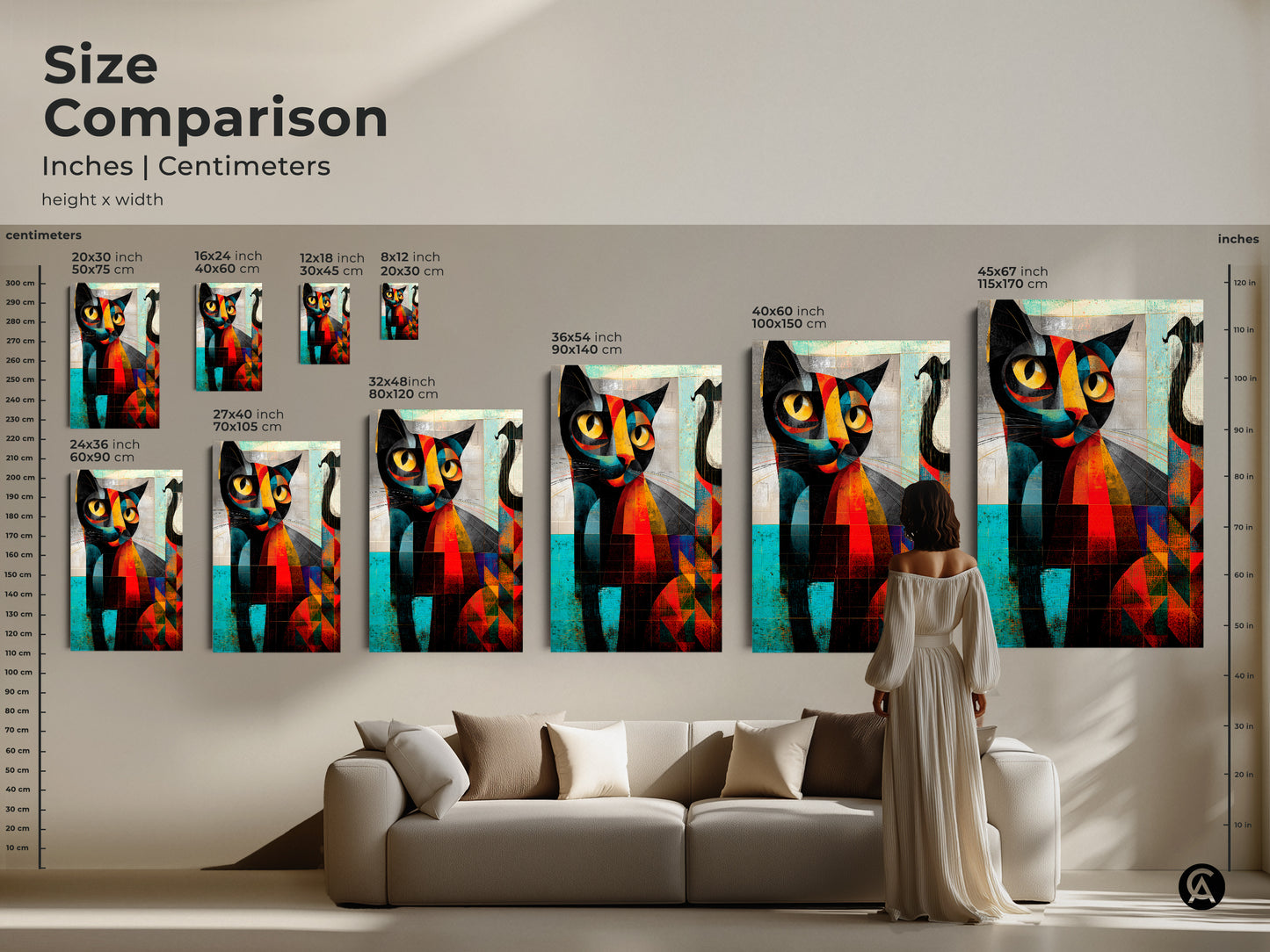 Size comparison of abstract geometric cat art prints in inches and centimeters. The artwork scales from small to large sizes displayed above a sofa. Choose the perfect dimensions for your living room bedroom or office. Enhance your space with colorful cat art.