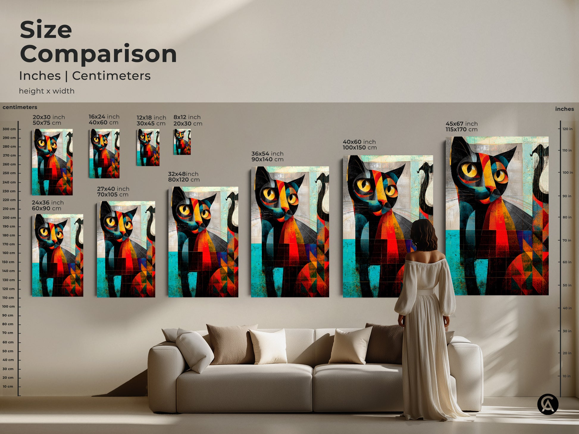 Size comparison of abstract geometric cat art prints in inches and centimeters. The artwork scales from small to large sizes displayed above a sofa. Choose the perfect dimensions for your living room bedroom or office. Enhance your space with colorful cat art.