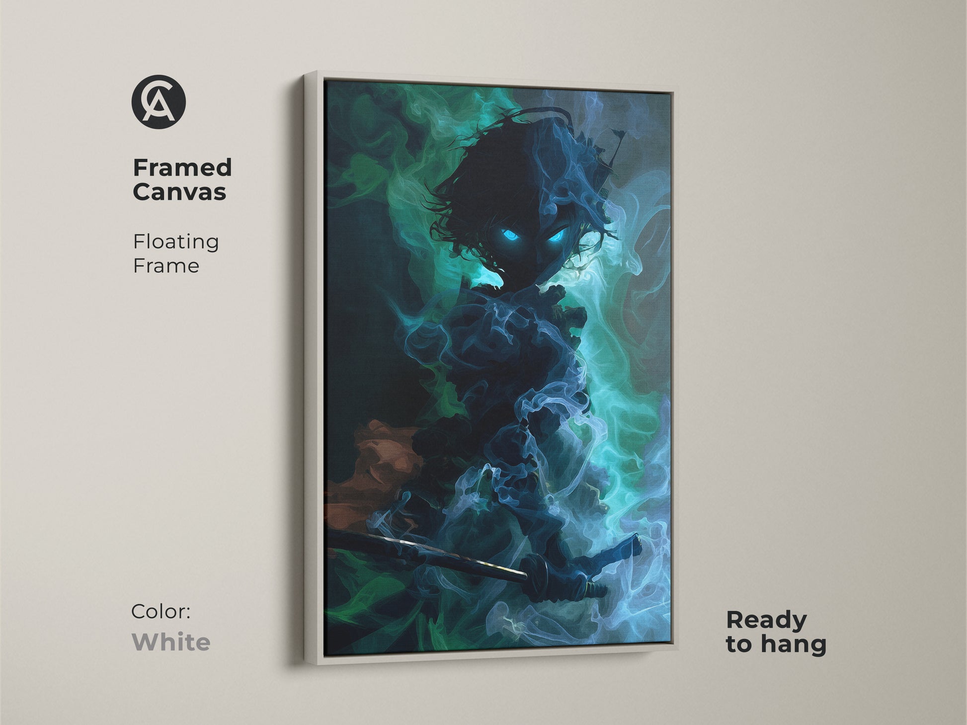 Framed canvas print showcasing a dark fantasy warrior demon with a white frame. The blue green teal abstract art makes a statement. This anime inspired piece is ready to hang.