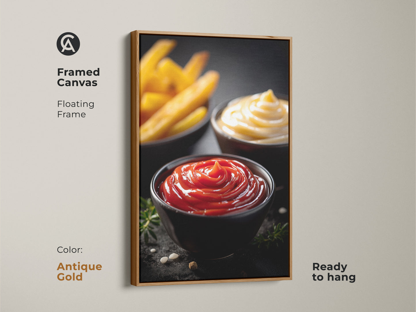 Framed canvas of ketchup mayo and fries art with an antique gold floating frame. This modern food photography print is ready to hang. It adds a playful touch to your kitchen or dining space. Ideal for food lovers and home bakers. A housewarming gift for those who appreciate delicious art.