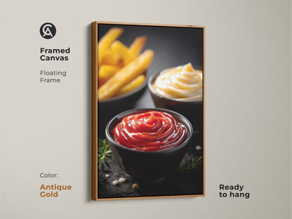 Framed canvas of ketchup mayo and fries art with an antique gold floating frame. This modern food photography print is ready to hang. It adds a playful touch to your kitchen or dining space. Ideal for food lovers and home bakers. A housewarming gift for those who appreciate delicious art.