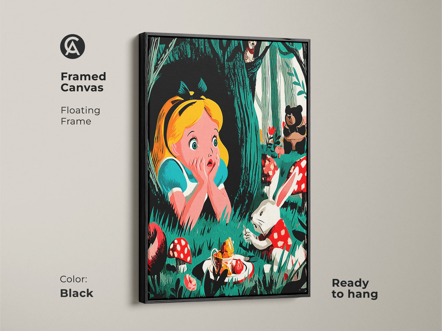 Framed canvas art of Alice in Wonderland is shown. Alice is with the White Rabbit and a bear. The black floating frame enhances this fantasy storybook scene. This whimsical animal art is ready to hang and perfect as kids room decor.