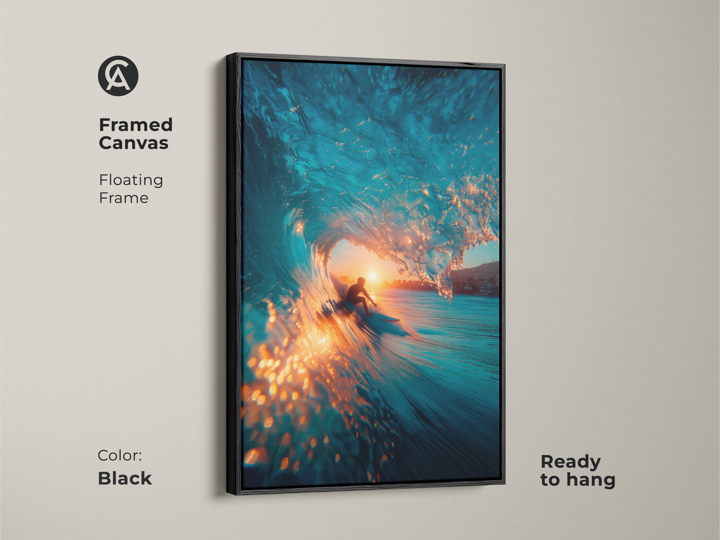 Bring the ocean's power into your space with this framed canvas art. The surfer is inside a blue wave at sunset. This floating frame is black. Ready to hang this artwork is a stunning addition to any wall.