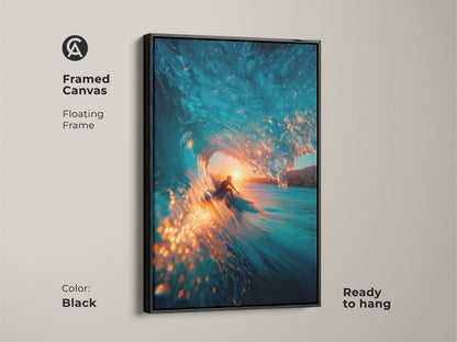 Bring the ocean's power into your space with this framed canvas art. The surfer is inside a blue wave at sunset. This floating frame is black. Ready to hang this artwork is a stunning addition to any wall.