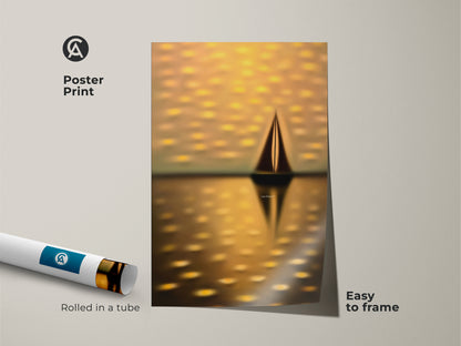 Poster print of a sailboat artwork rolled in a tube. An easy-to-frame dreamy nautical artwork with yellow and gold hues. This impressionistic seascape is perfect as coastal wall decor.