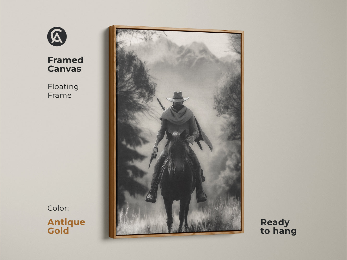 Framed canvas art in antique gold featuring a monochrome cowboy on horseback. The floating frame highlights this Western landscape artwork. Ready to hang this rustic piece is perfect for a study room or home office. A timeless adventure themed artwork in black and white.